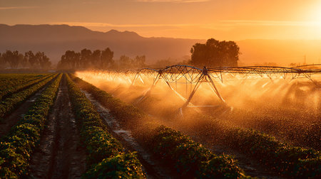 Irrigation system watering strawberry field at sunset. Agricultural landscape.の素材