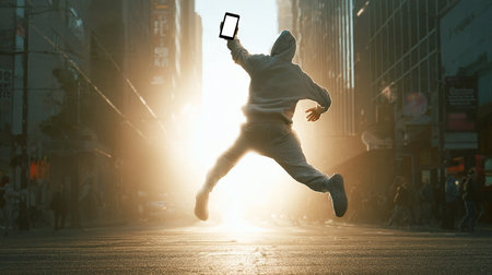 Conceptual image of young man jumping with tablet pc in handsの素材