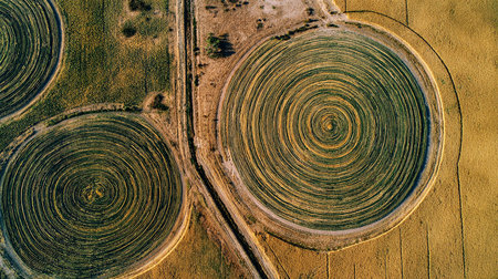 Aerial view of agricultural field with round holes. Drone photography.の素材