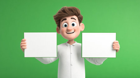 3d illustration of happy boy holding blank paper sheet over green backgroundの素材