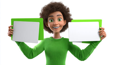 3D illustration of a teenager with green sweater holding a tablet PCの素材