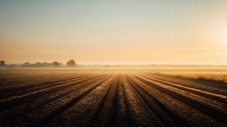 Sunrise over a plowed agricultural field in the countryside in autumnの素材