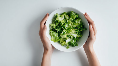 Female hands holding a bowl of fresh green salad on a white backgroundの素材