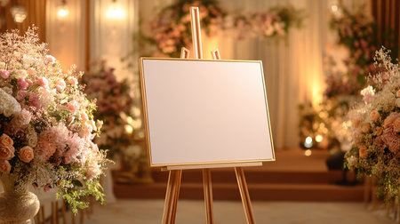 Blank canvas on easel with flower decoration. 3d renderingの素材