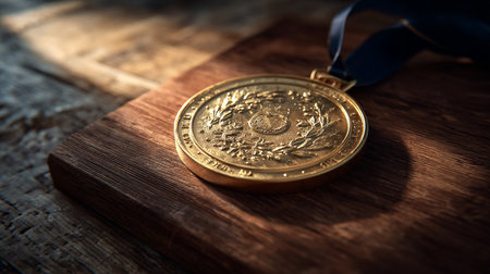 Gold medal on a wooden board with a blue ribbon on a dark backgroundの素材