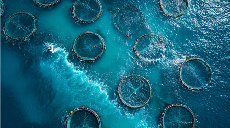 Fishing nets on the blue ocean. Aerial view of fish farmの素材