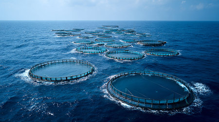 Fish farm in the sea, aerial view of oil and gas industry.の素材