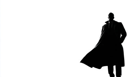 Silhouette of a man in a coat with a hood on a white backgroundの素材