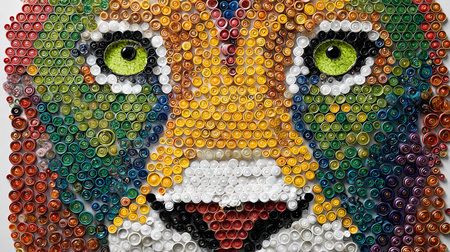 Close-up of the face of a man made of colorful plastic capsの素材