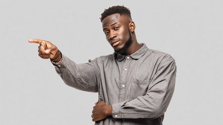 young african american man pointing with finger at something on grey backgroundの素材