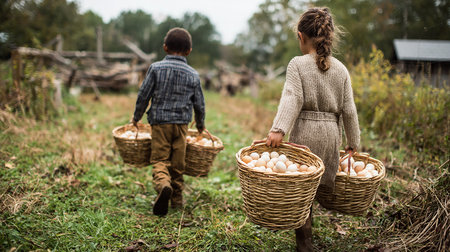 Easter egg hunt in the countryside. Children with baskets of eggsの素材