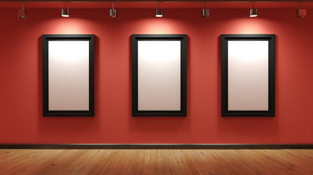 Three empty frames on a red wall in a room with wooden floorの素材
