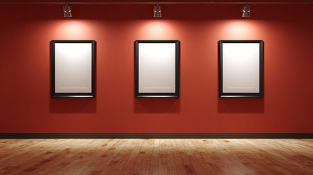 Three blank frames on red wall in gallery. 3D Renderingの素材