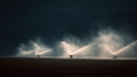 Sprinkler spraying water on farmland at night. Sprinkler watering agricultural field.の素材
