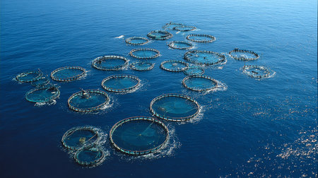 Fish farming in the sea. Aerial view of a fish farming.の素材