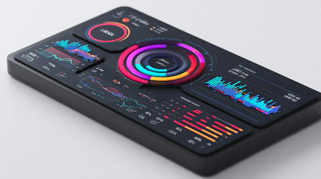 Futuristic touch screen with charts and graphs. 3d renderingの素材