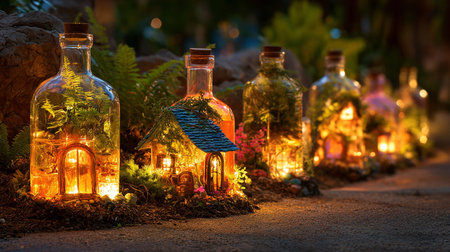 Small magic bottles in the shape of a house in the cemetery.の素材