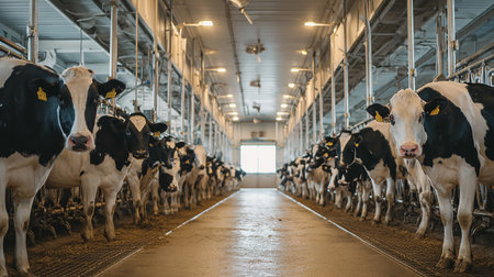 Cows in a milking facility. Dairy cows in a dairy farm.の素材