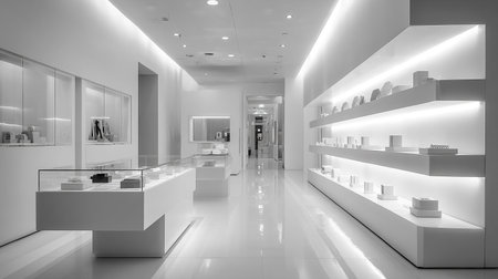 Interior of modern luxury shopping mall with white walls and large windows. 3d renderingの素材