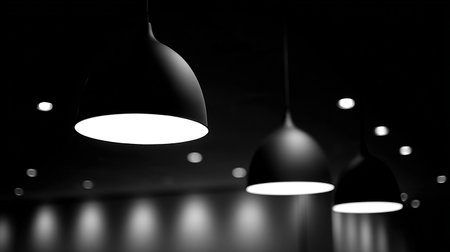 Black and white ceiling lamps in the dark. 3D rendering.の素材