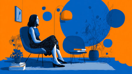 Woman sitting in a chair in the living room. Vector illustration.の素材