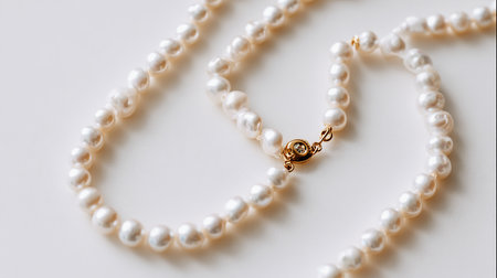 Pearl necklace on a white background, close-up, selective focusの素材