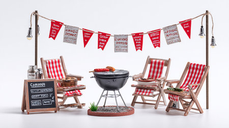 Barbeque grill with red and white flags on a white backgroundの素材