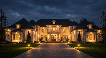 Luxury house in the garden at night with beautiful light.の素材