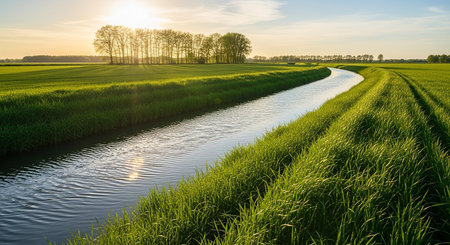 Canal through a sunny meadow at sunrise in spring. Landscape.の素材