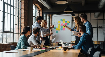multiethnic business people using laptop and flipchart in modern officeの素材