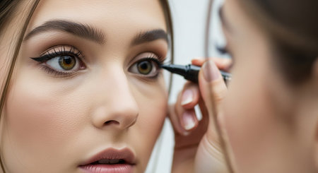 Makeup artist applying mascara on eyebrows of beautiful young woman in beauty salonの素材