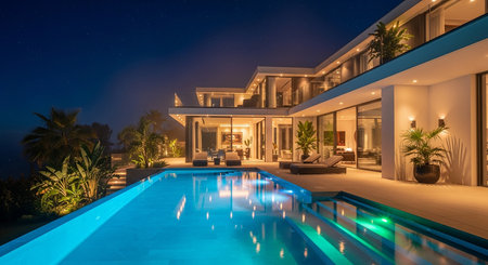 Swimming pool of luxury modern villa at night. Nobody insideの素材