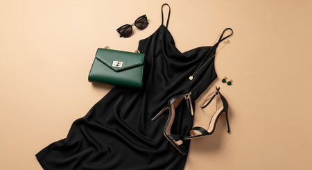 top view of black dress, shoes, sunglasses and bag on beige backgroundの素材