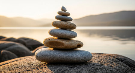 Stack of zen stones on the seashore at sunset.の素材