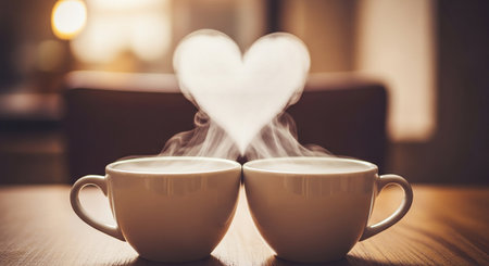 Coffee cup with heart shape on wooden table in coffee shopの素材