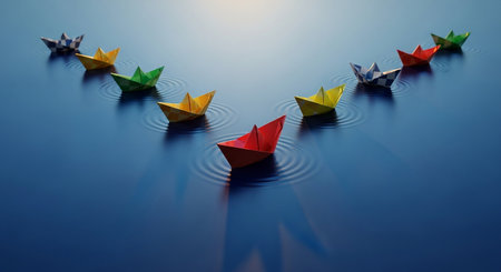 Leadership concept with paper boats on blue water. 3D renderingの素材