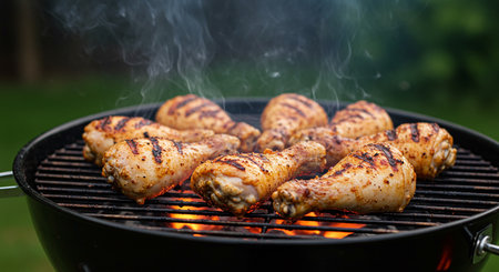Grilled chicken legs on barbecue grill with smoke in the background.の素材