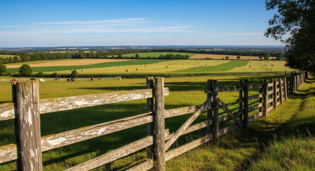 Rural landscape with a wooden fence and haystacks in the backgroundの素材