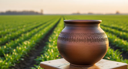 Ceramic pot on a field with corn plants in the backgroundの素材