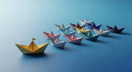 Leadership concept with paper ship leading among other origami ships on blue backgroundの素材