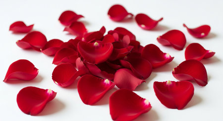 Red rose petals on white background. Valentine's day concept.の素材