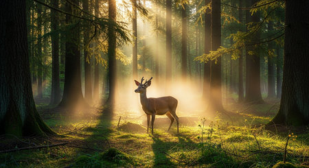 Deer in the forest at sunrise. Nature composition. Panorama.の素材
