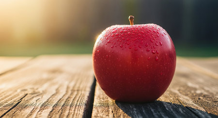 Red apple with water drops on a wooden background. Selective focus.の素材