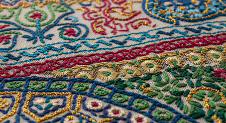 Ukrainian embroidery. Close up of colorful embroideryの素材