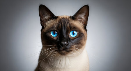 Portrait of a siamese cat with blue eyes on gray backgroundの素材