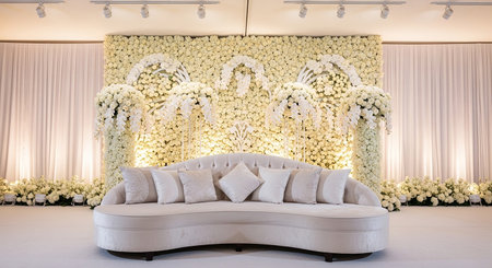 Interior of a wedding hall decorated with a white sofa and flowersの素材