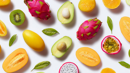 Seamless pattern of exotic fruits on white background, flat layの素材