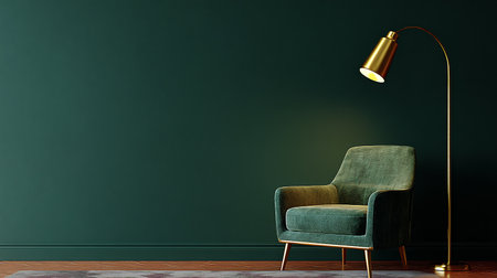 Green armchair and lamp on green wall background. 3d renderの素材