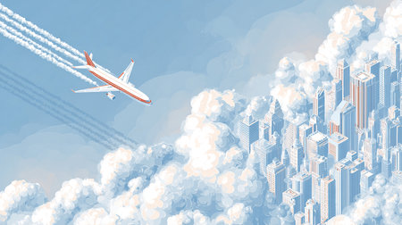 Airplane flying in the clouds over the city. Vector illustration.の素材