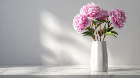 Pink peonies in vase on white marble table. 3D renderingの素材